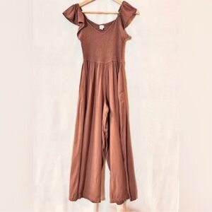 Japna Wide Leg Smocked Jumpsuit Size S Brown